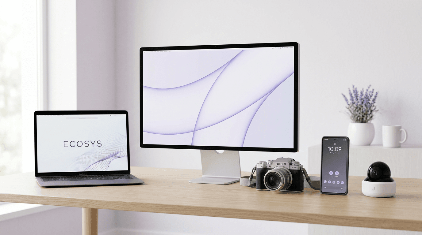 Laptop, desktop monitor, smartphone and cameras arranged on a desk