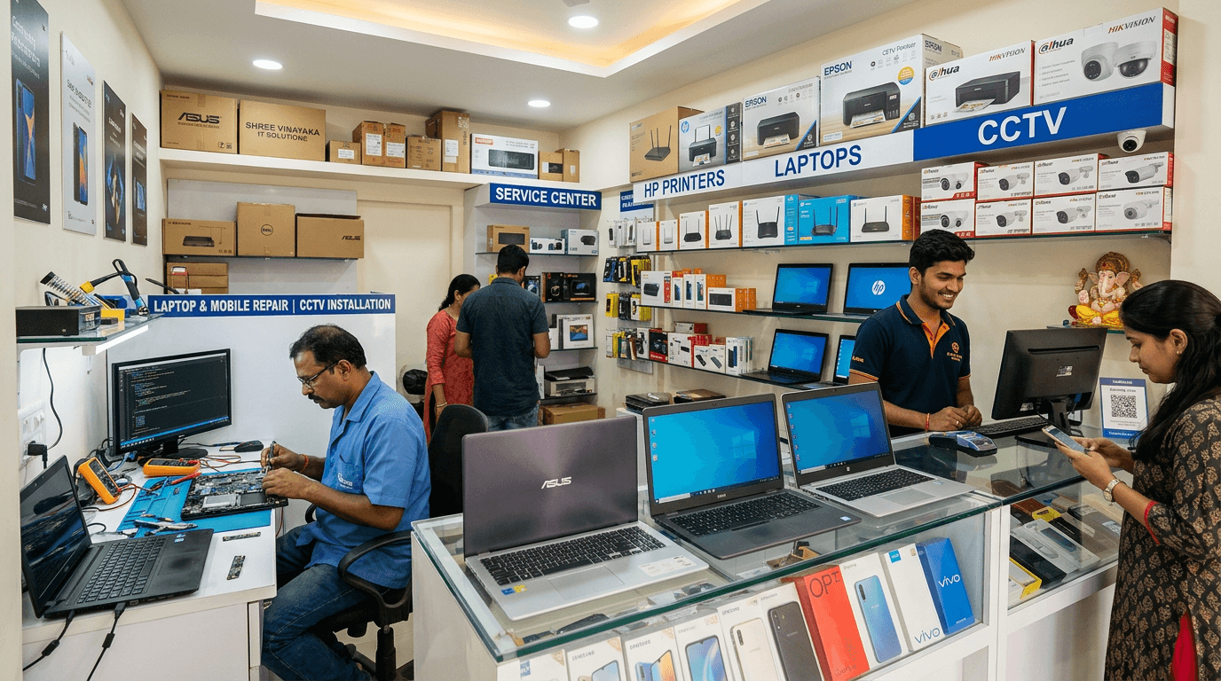 MSIT Services store counter with laptops, printers, cameras and a technician at the service desk